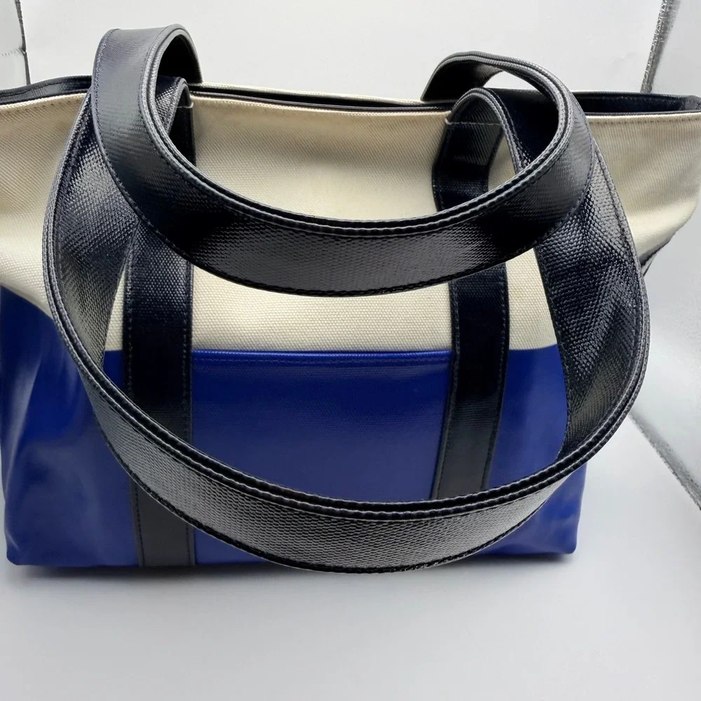 Tory Burch Ella Tote Canvas Colorblock Logo Shoulder Bag Womens Large Blue White